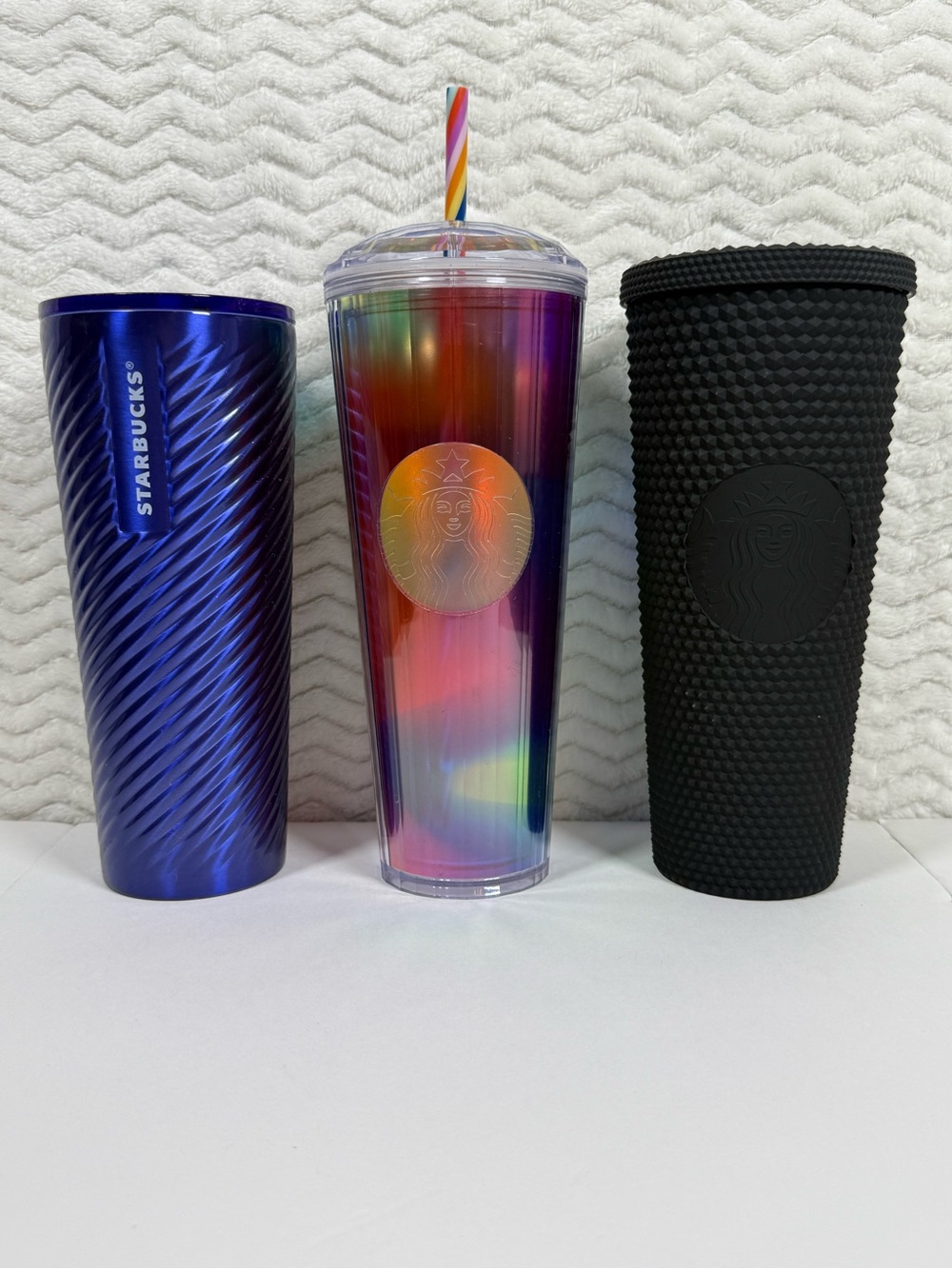 All 3 - Starbucks Rainbow Ombre with Straw, matte black & metal swirl purple